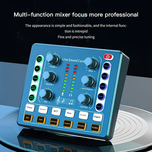 Blue rectangular m8 audio interface podcast equipment with premium mic preamp and colorful led indicators for portable podcast production studio