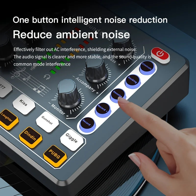 Black and gray m8 audio interface with colorful labeled sound effect buttons for portable podcast production studio with premium mic preamp