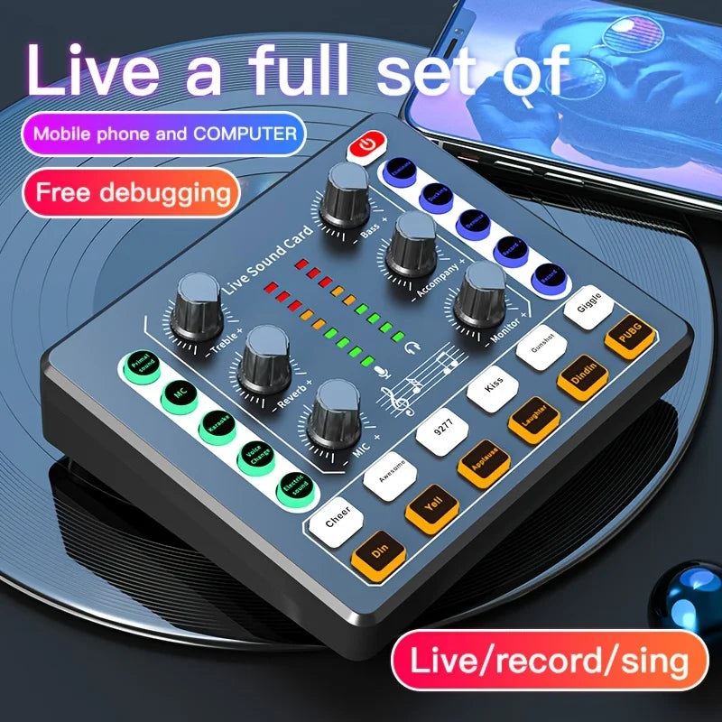 Black and silver m8 audio interface with multiple knobs and led indicators for portable podcast production studio use