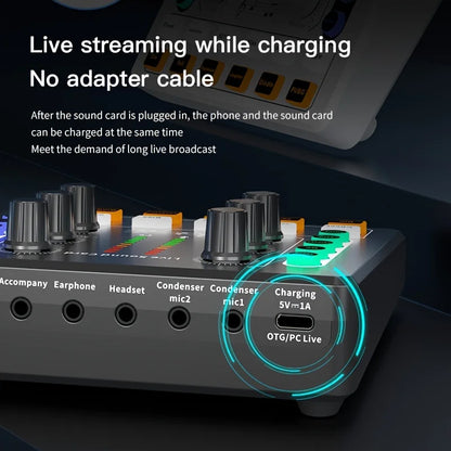 Black and silver usb sound card with premium mic preamp, multiple input jacks, and otg pc live port for portable podcast production studio