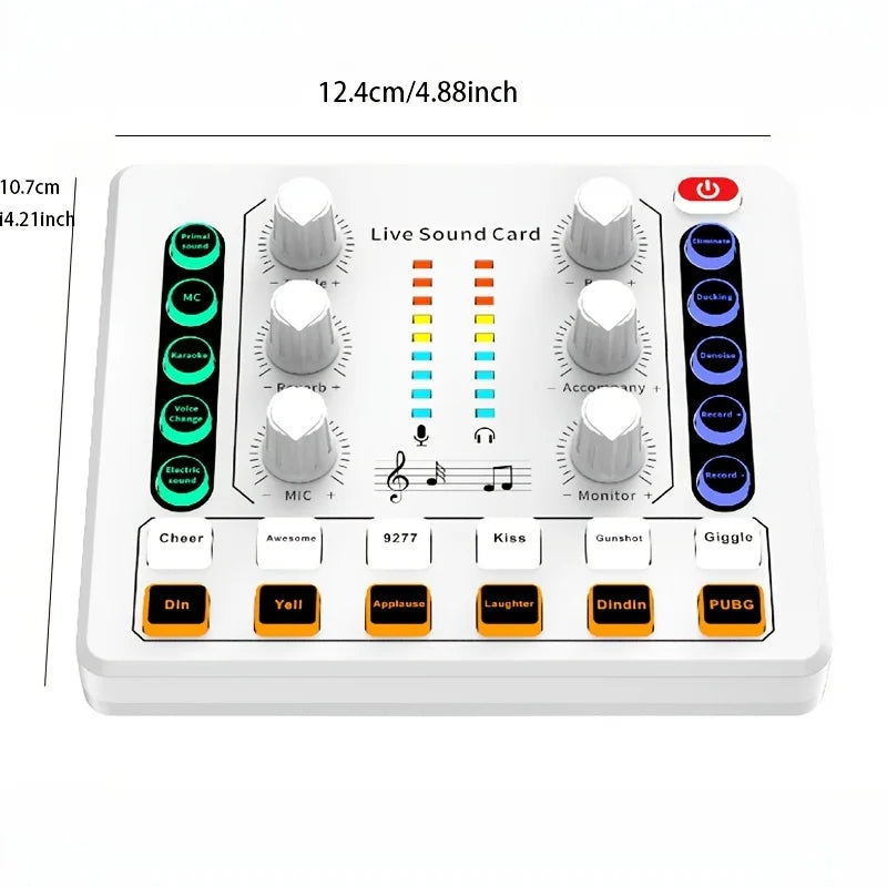 White rectangular audio interface podcast sound card with premium mic preamp silver knobs and portable podcast production features