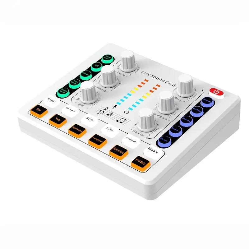 White compact m8 audio interface with silver knobs and led indicators for portable podcast production studio use