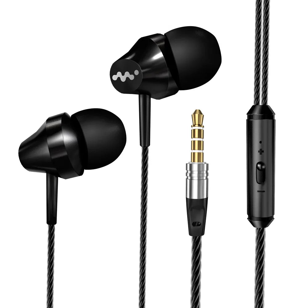Black in-ear heavy bass earphones with braided cable and inline mic qulity earbud compatible with iphone samsung sony