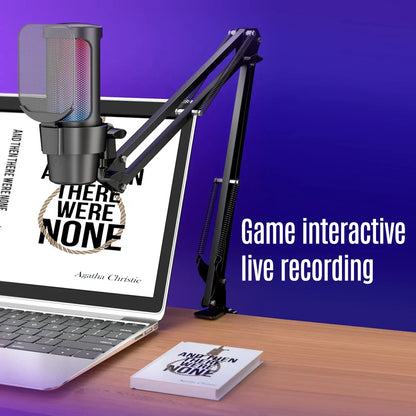 Black usb gaming microphone with mesh grille and red blue led lighting cardioid mode on flexible arm above laptop