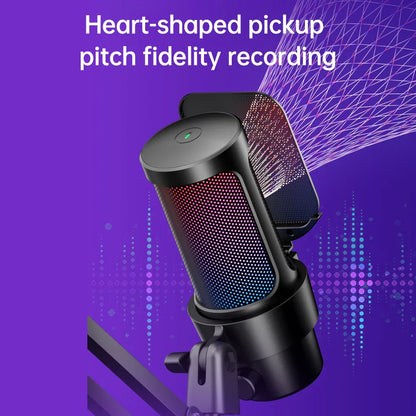 Black heart-shaped usb gaming microphone with perforated grille led lighting and lighting cardioid mode for computer mic kit