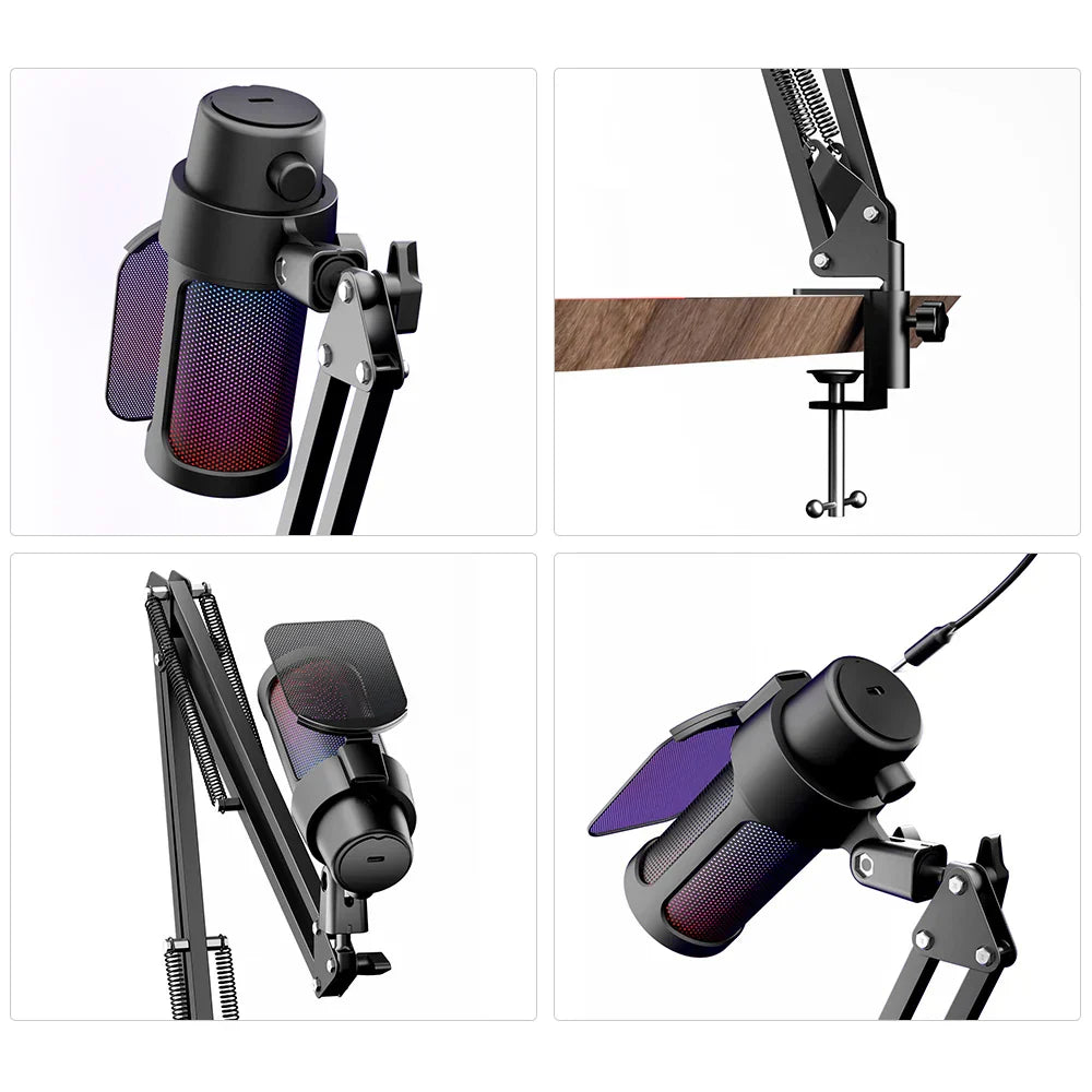 Black usb gaming microphone with purple red gradient mesh grille on adjustable metal arm with lighting cardioid mode