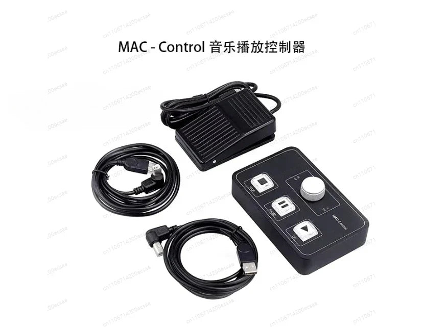 Black mac-control playback midi controller with knob buttons foot pedal and usb cables for qlab software music hot backup