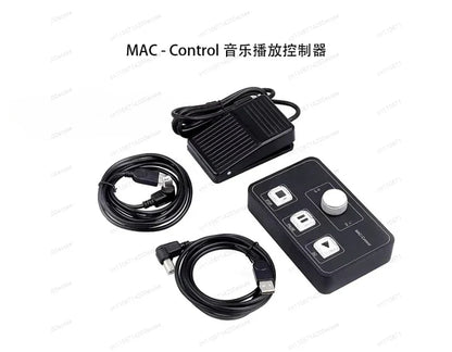 Black mac-control playback midi controller with knob buttons foot pedal and usb cables for qlab software music hot backup