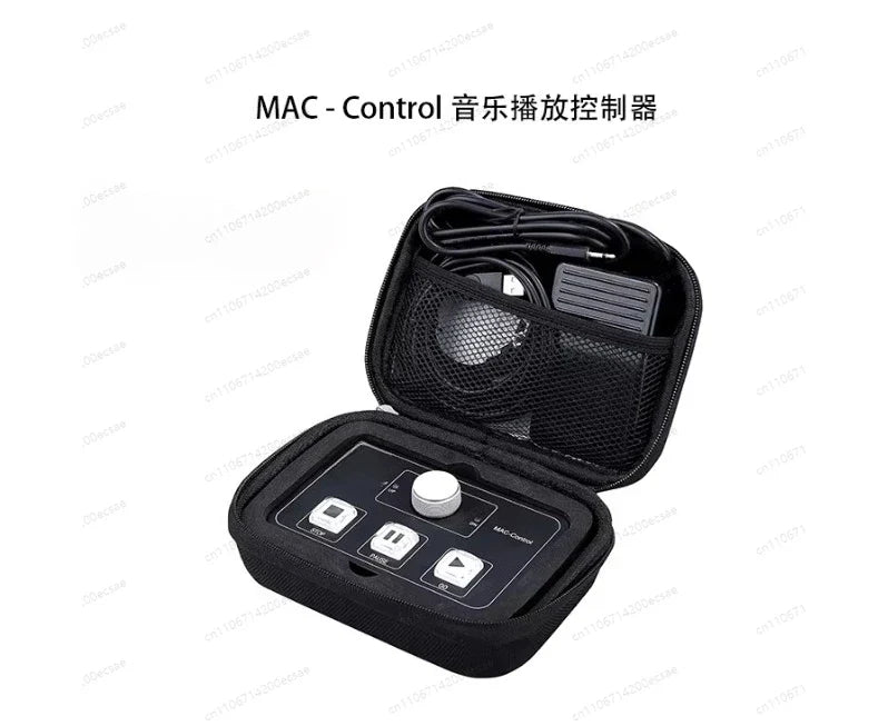 Black mac-control playback midi controller with silver buttons and dial in carrying case for controller hot backup qlab software music