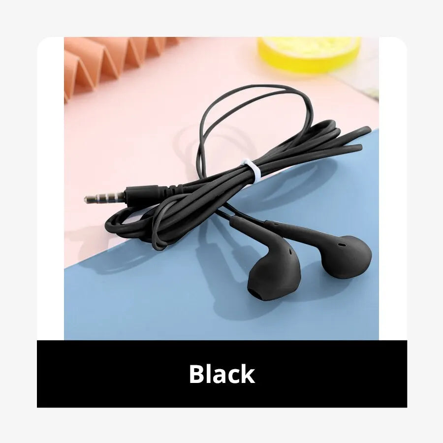 Black macaron wired in-ear headphones with coiled cable 3.5mm jack soft silicone tips for comfort and sound quality