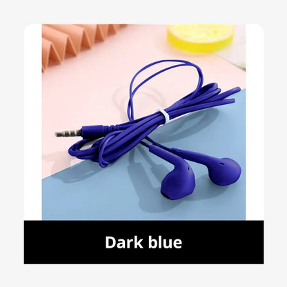 Macaron dark blue in-ear style 3.5mm stereo earphones with coiled cable and silicone tips for improved sound quality