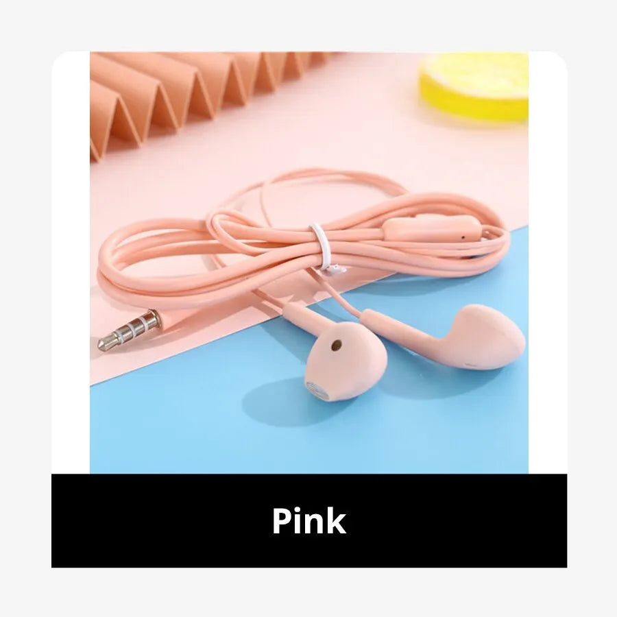 Pastel pink macaron universal 3.5mm in-ear style earphones with soft matte finish and inline remote for enhanced sound quality