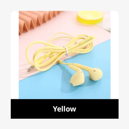 Yellow wired macaron in-ear style earphones with soft silicone tips for improved sound quality and active noise-cancellation