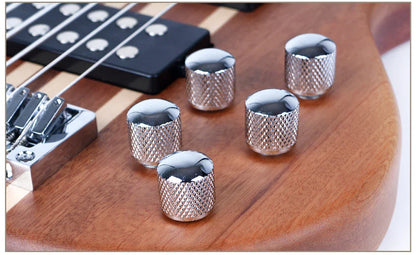 Shiny chrome-finished tuning pegs with diamond-patterned texture on the back of a china professional active g-b50-t5 bass guitar conjoined neck