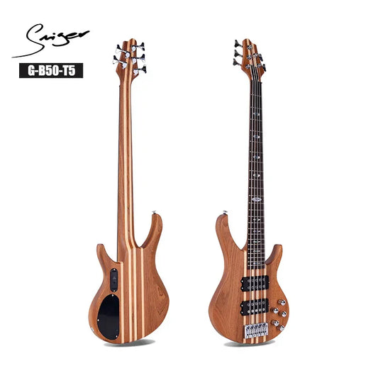 Singer g-b50-t5 5-string electric bass guitar with natural wood finish and distinctive striped pattern conjoined neck China professional active pickup