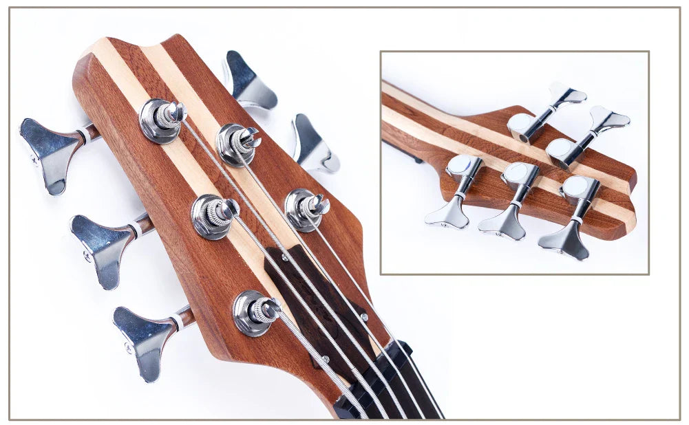 Wooden bass guitar headstock with natural finish and two light stripes featuring six chrome tuning pegs china professional active g-b50-t5 conjoined neck