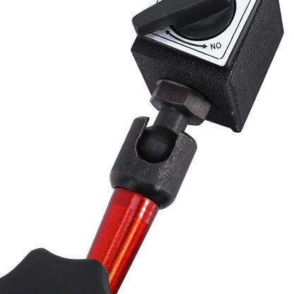 Black magnetic base holder with red metallic shaft and ergonomic handle for dial testing indicator tool use