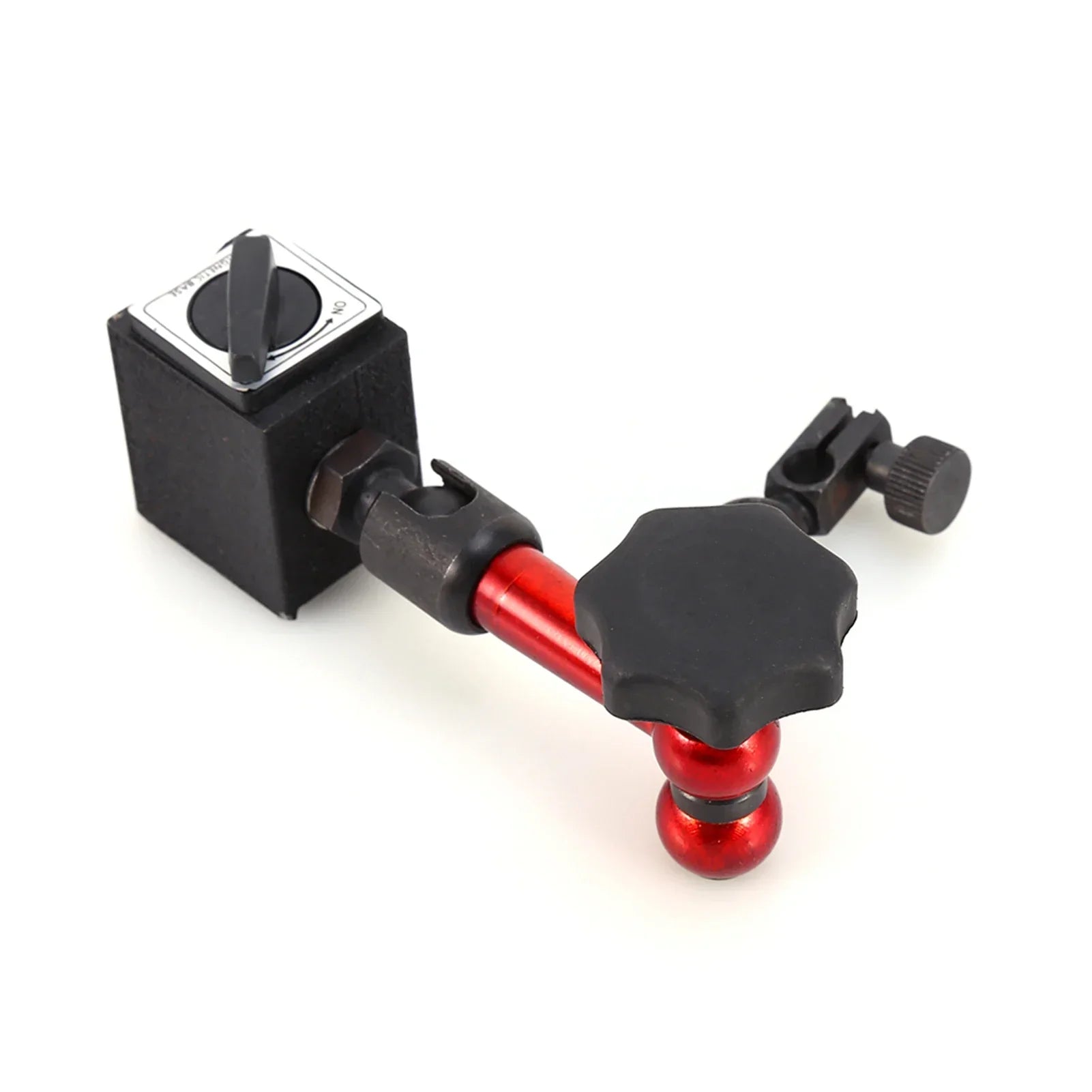 Red and black adjustable magnetic base holder with hexagonal knob and ball joint for dial testing indicator tool use