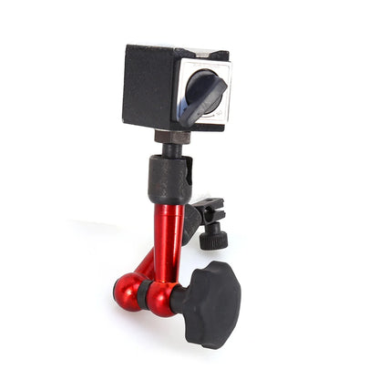 Red and black magnetic base holder with adjustable arm for precision dial testing indicator tool measurement