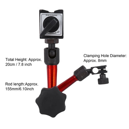 Red and black magnetic base holder with adjustable arm for dial testing indicator and testing indicator tool use