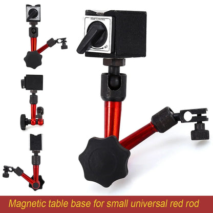 Red and black magnetic base holder with adjustable universal rod arm for dial testing indicator and testing indicator tool use