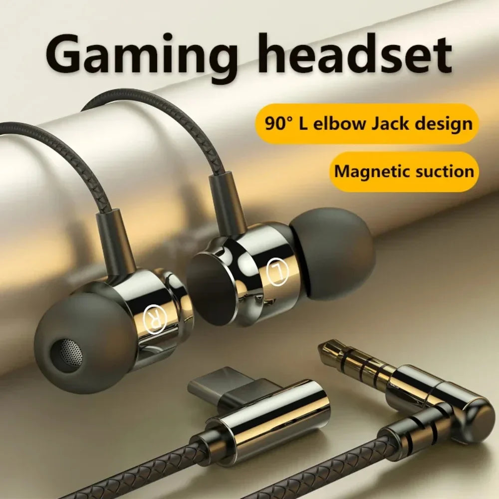 Silver and black magnetic wired earbuds with 90-degree l bending 9d hifi jack for 35mm type-c wired hifi game headsets