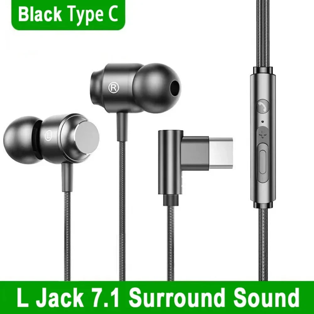 Black type c in-ear headphones with sleek metallic finish and integrated usb-c charging jack for bending 9d hifi game headsets
