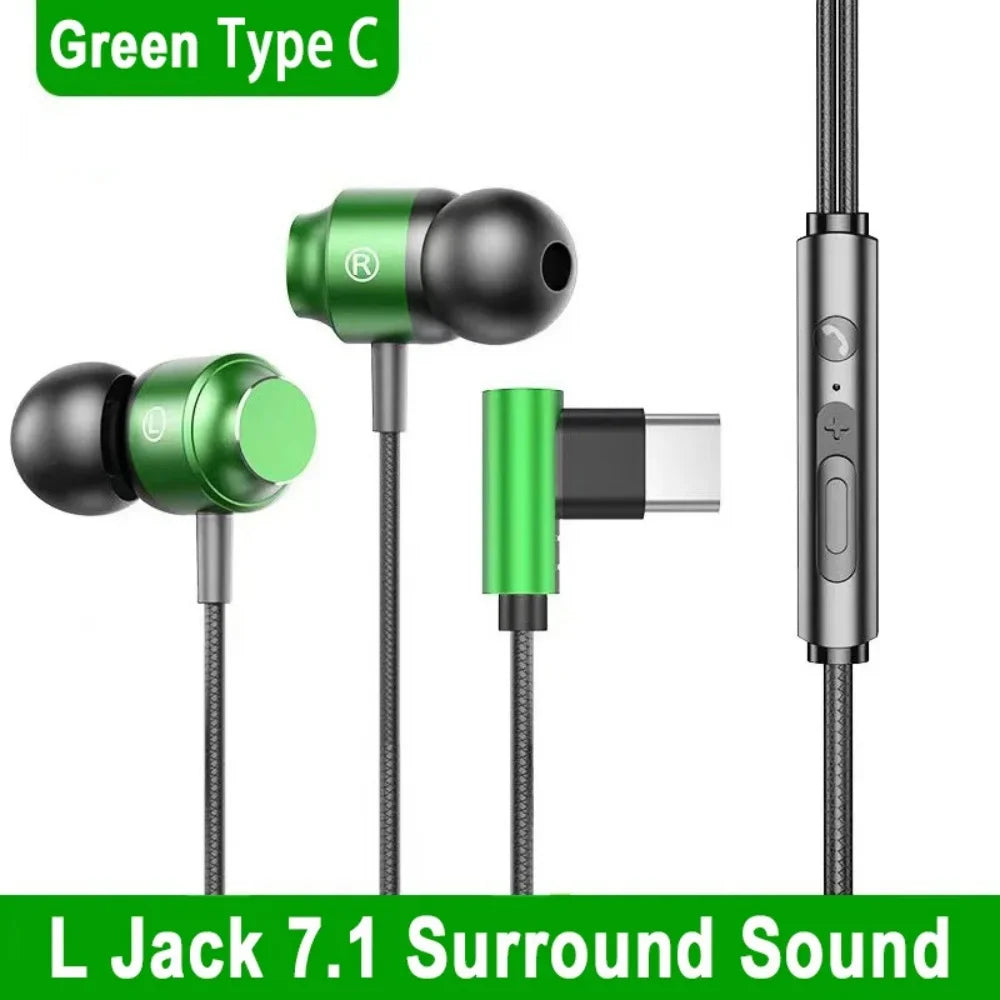 Green and black magnetic wired earphone with bending 9d hifi and usb-c type-c wired connector and control module