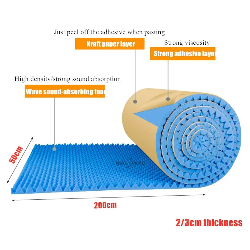 Blue wave acoustic foam egg sound insulation panels with textured triangular surface and kraft paper backing for studio use