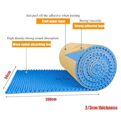 Blue wave acoustic foam egg sound insulation panels with textured triangular surface and kraft paper backing for studio use