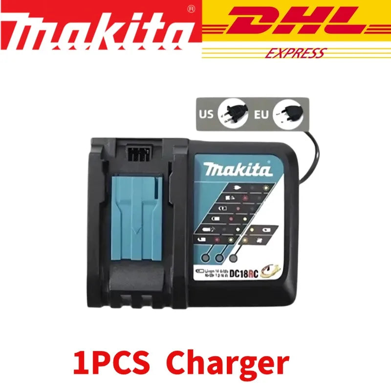 Black makita dc18rc battery charger with blue battery slot and dual plug compatible with makita djv182z brushless 18v 340w cordless barrel handle jigsaw