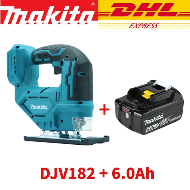 Makita djv182z brushless cordless barrel handle jigsaw with teal black body and 6.0ah battery pack