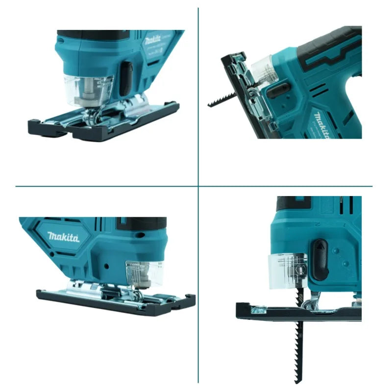 Makita DJV182Z brushless cordless barrel handle jigsaw in teal and black with clear blade guard and metallic cutting teeth