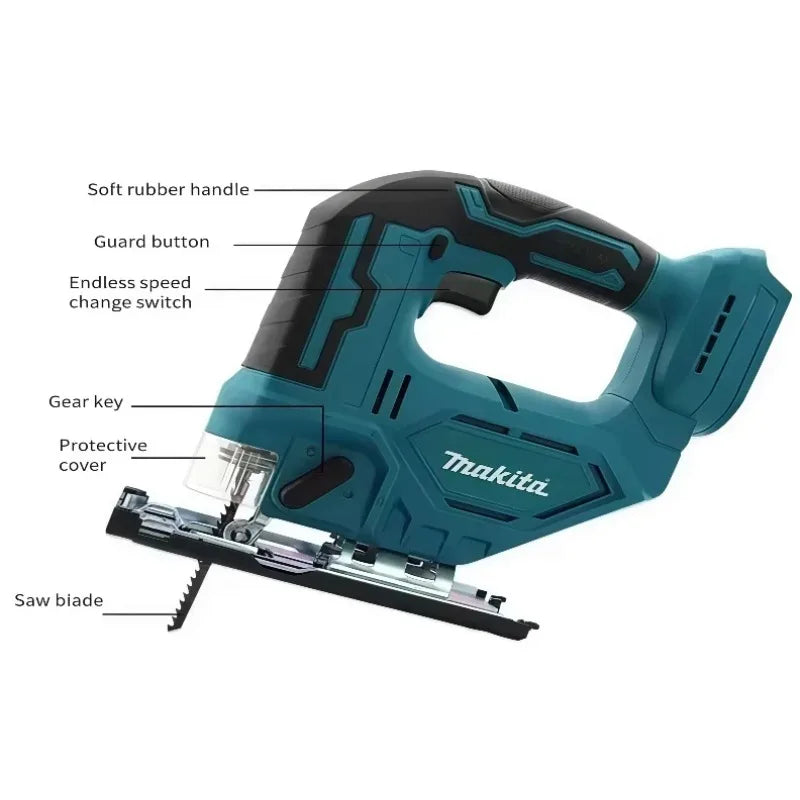 Makita djv182z brushless teal and black cordless barrel handle jigsaw with soft rubber grip and metallic saw blade