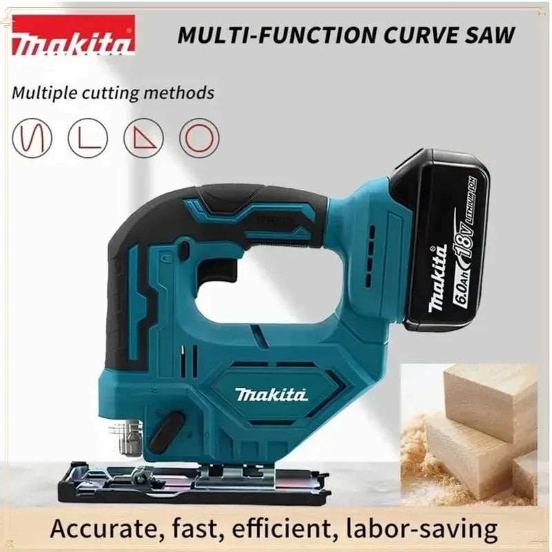 Teal and black makita djv182z brushless 18v 340w cordless barrel handle jigsaw with 6.0ah lithium-ion battery