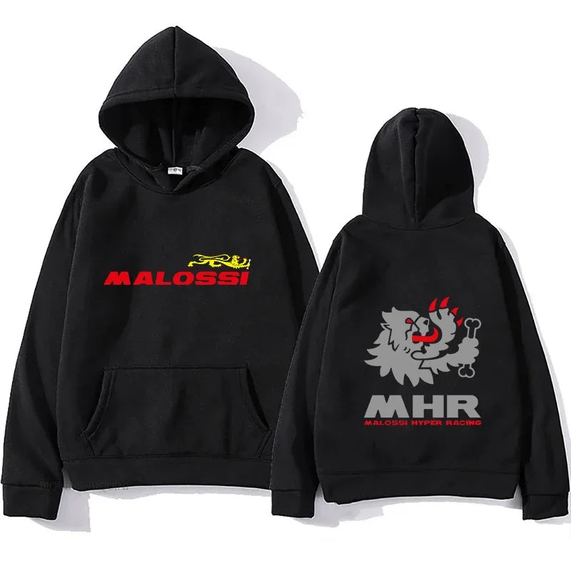 Black malossi theme printed hoodie with bold red and yellow branding and stylized lion graphic on back for hop style autumn wear