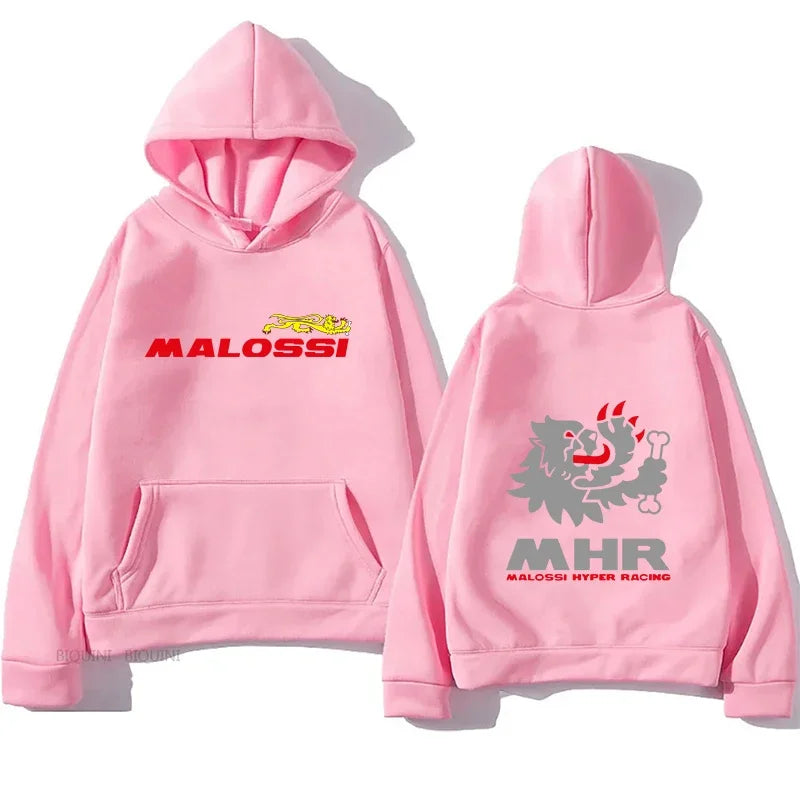 Pink malossi theme printed hoodie sweatshirt unisex streetwear with front dragon graphic and back gray lion design hip hop style autumn