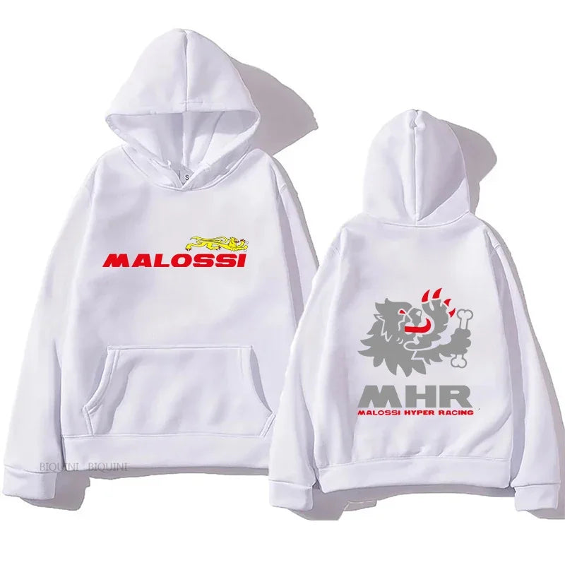 White malossi theme printed hoodie sweatshirt unisex streetwear with bold graphics and hip hop style autumn design