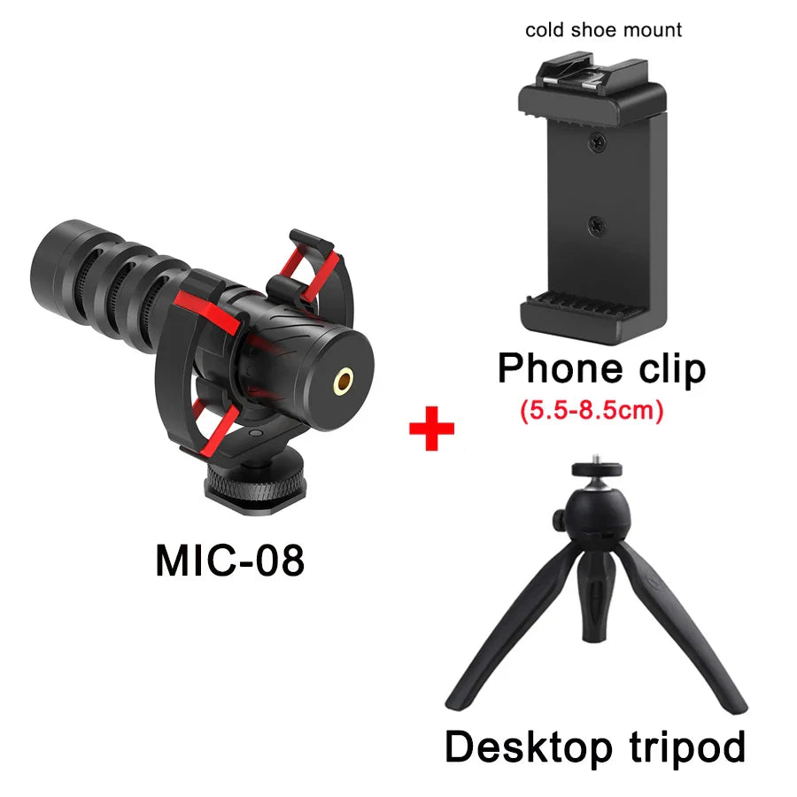 Black mamen professional dslr camera microphone with red accents and cold shoe mount for phone vlog recording