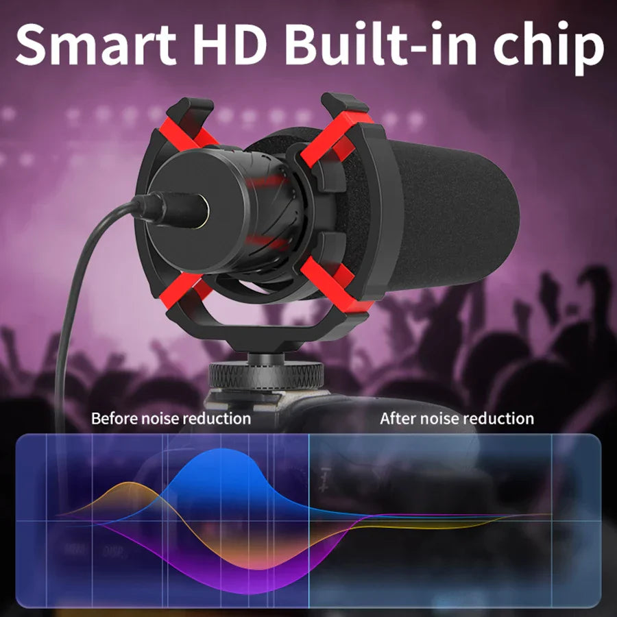 Black condenser mamen professional dslr camera microphone with red accents and built-in hd chip for phone vlog recording