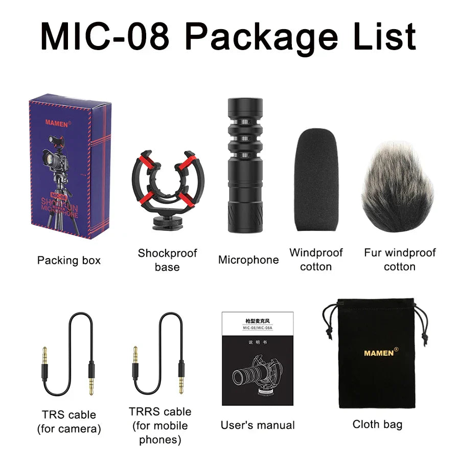 Black mamen professional dslr camera microphone with textured body and red shockproof base for phone vlog recording