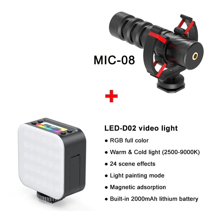 Black mamen professional dslr camera microphone with red accent clips and magnetic mount for phone vlog recording