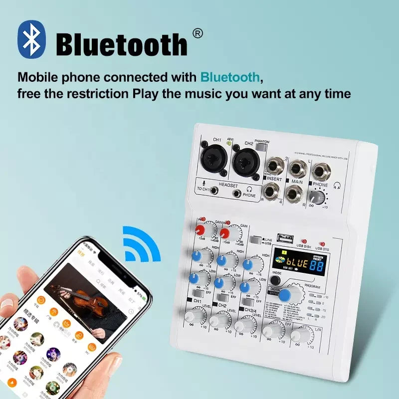 White bluetooth sound card mixer with blue and red knobs labeled blue 08 for professional computer recording and console dj karaoke