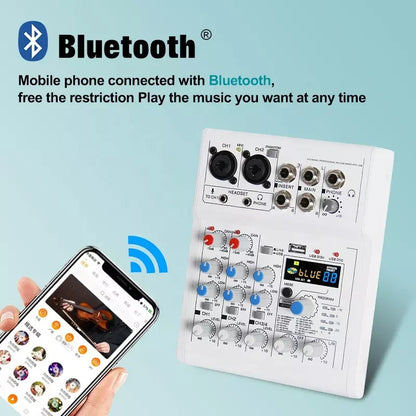White bluetooth sound card mixer with blue and red knobs labeled blue 08 for professional computer recording and console dj karaoke