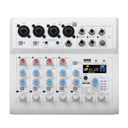 White Manchez E4 E7 7-channel sound card mixer with black jacks blue knobs digital display for professional computer recording and console DJ karaoke