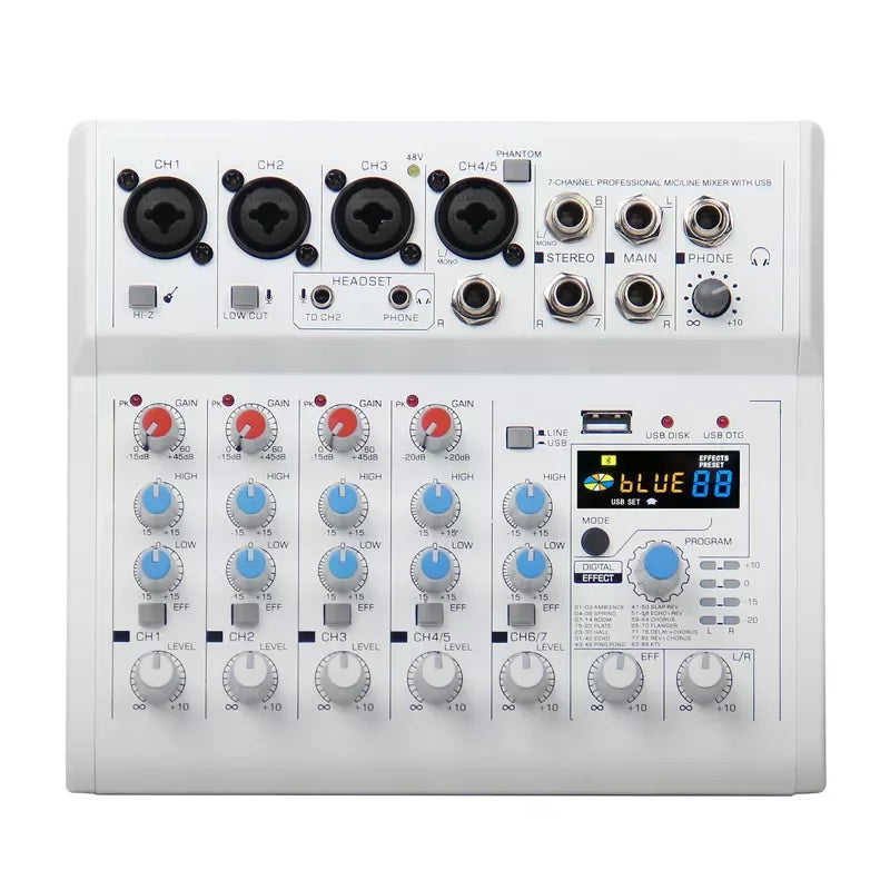 White 7-channel professional sound card mixer with black jacks blue and white knobs digital display for console dj karaoke and recording