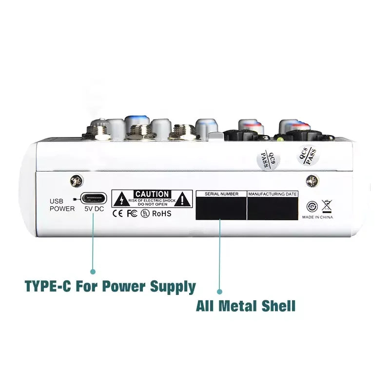 White all-metal shell manchez e4 sound card mixer with type-c usb power port for professional computer recording and console dj karaoke