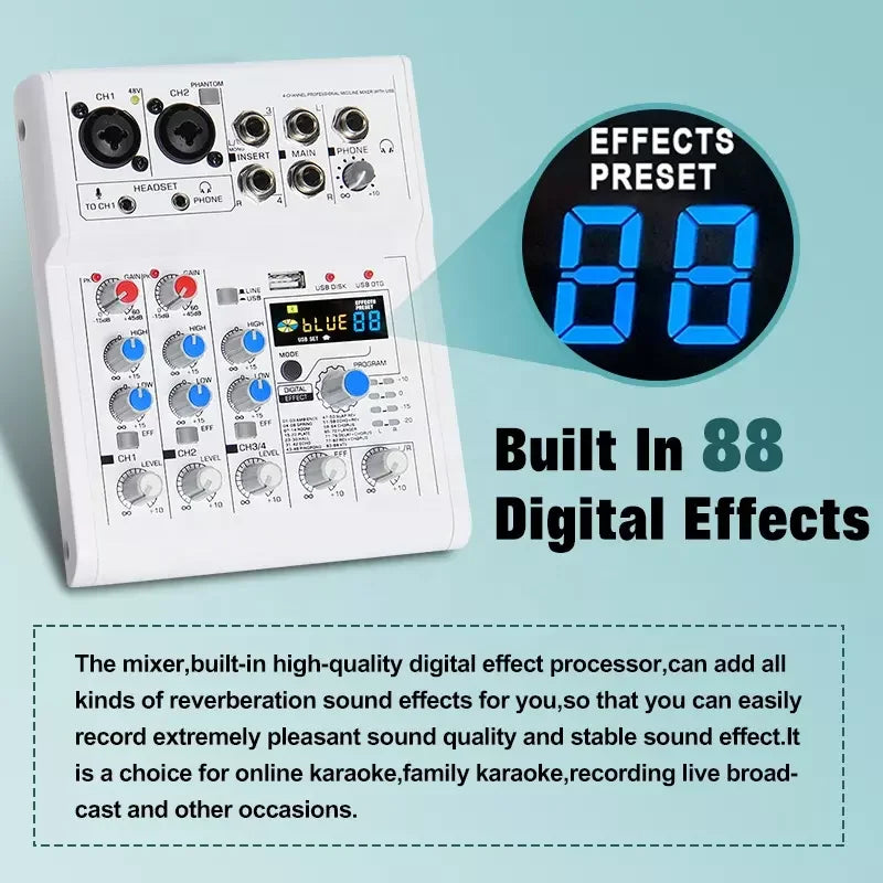 White manchez e4 e7 sound card mixer with digital display and 88 built-in effects for professional computer recording