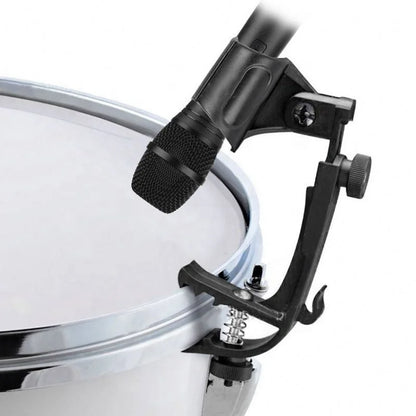 Black drum microphone clip with adjustable arm and spring clamp securing a condenser mic on white snare tom drum holder accessories music