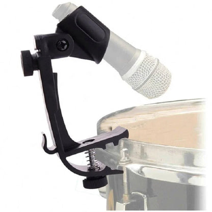Black drum microphone clip holding silver mesh-capped condenser mic for manufacturer screw tom drum holder accessories music